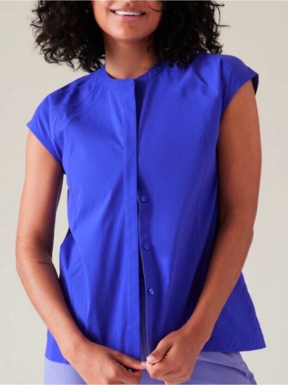 Athleta Electric Blue Cap-Sleeve Button-Front Shirt